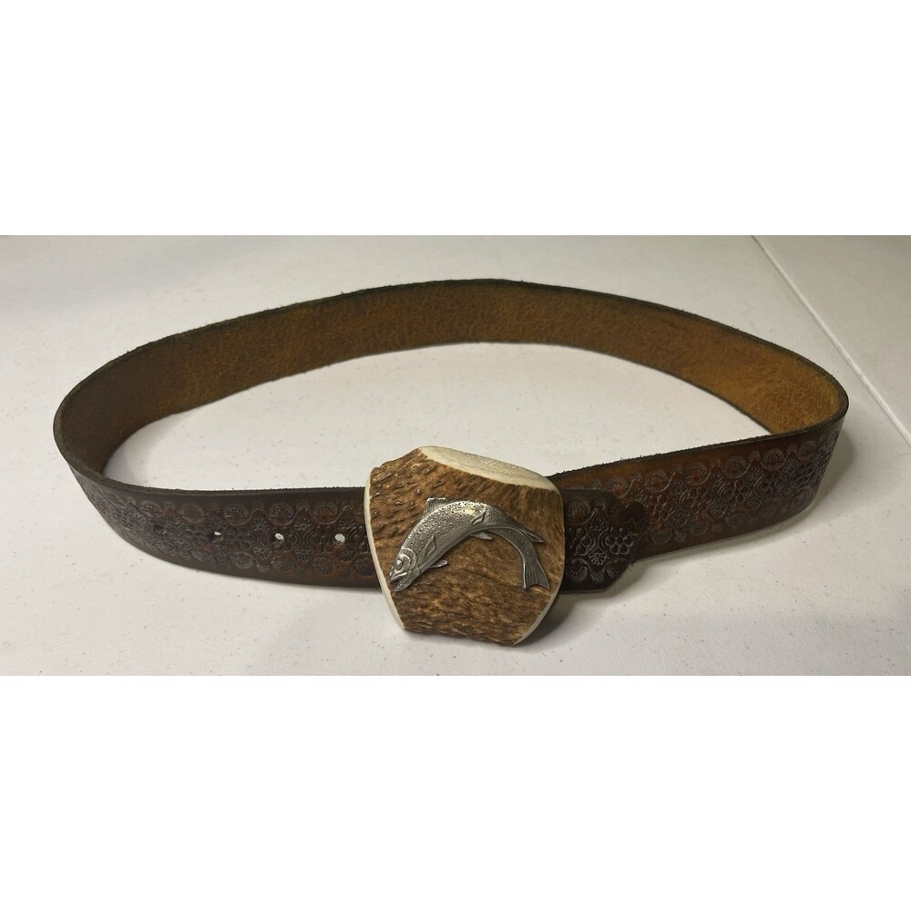 Custom Staghorn Belt Buckle w/Pewter Mounted Brook Trout on Hand Tooled Belt USA